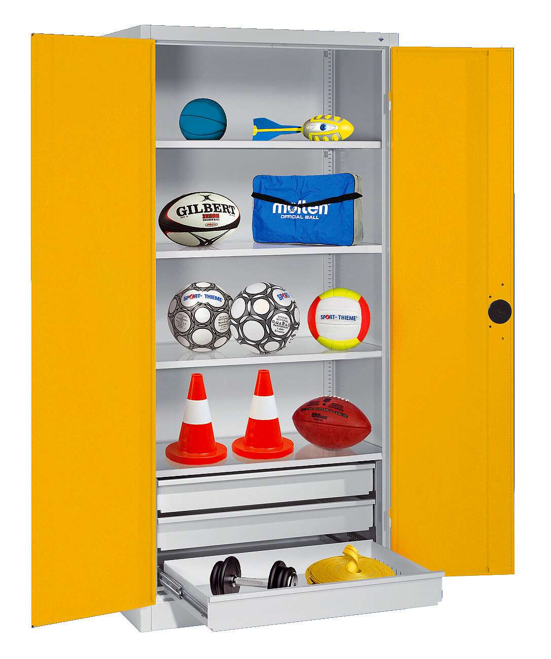 C+P Sportgeräteschrank mit Schubladen und Vollblech-Flügeltüren (Typ 4), HxBxT 195x120x50 cm, Goldgelb (RAL 1004), Gleichschließung von C+P