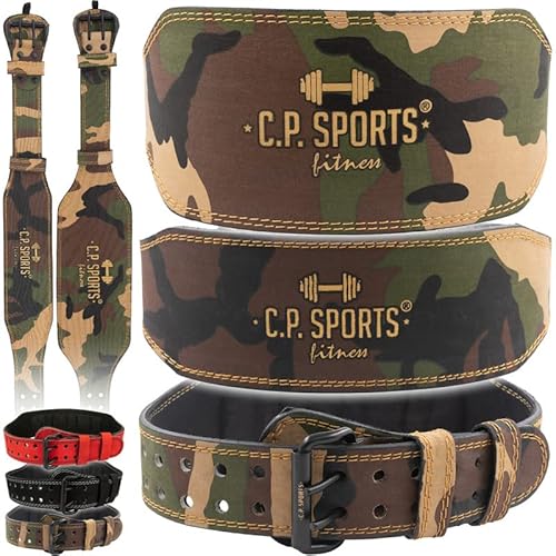 C.P. Sports Trainingsgürtel/Gewichtheber Gürtel Leder | Standard oder extra breit | Herren & Damen | für Kraftsport, Bodybuilding, Fitness | Camo Grün L = 85-110 cm von C.P.Sports