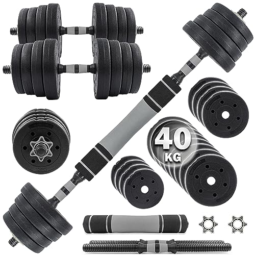 C.P.Sports 2in1 Kurzhantel & Langhantel Set 30kg / 40kg | Hantelscheiben – Gewichte – Hantelstangen | verstellbare Hanteln – Hantelset für Krafttraining, Fitness, Home Gym (silber-schwarz – 40kg Set) von C.P.Sports