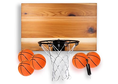 Cali Kiwi Pros Mini Indoor Basketballkorb & Ball Set in Solid Red Cedar Made in USA Einzigartige Option über die Tür oder Wand Option 5 Mini Basketbälle für Indoor-Spaß (3P-Mini-Natural-Black_Rim) von CALI KIWI PROS