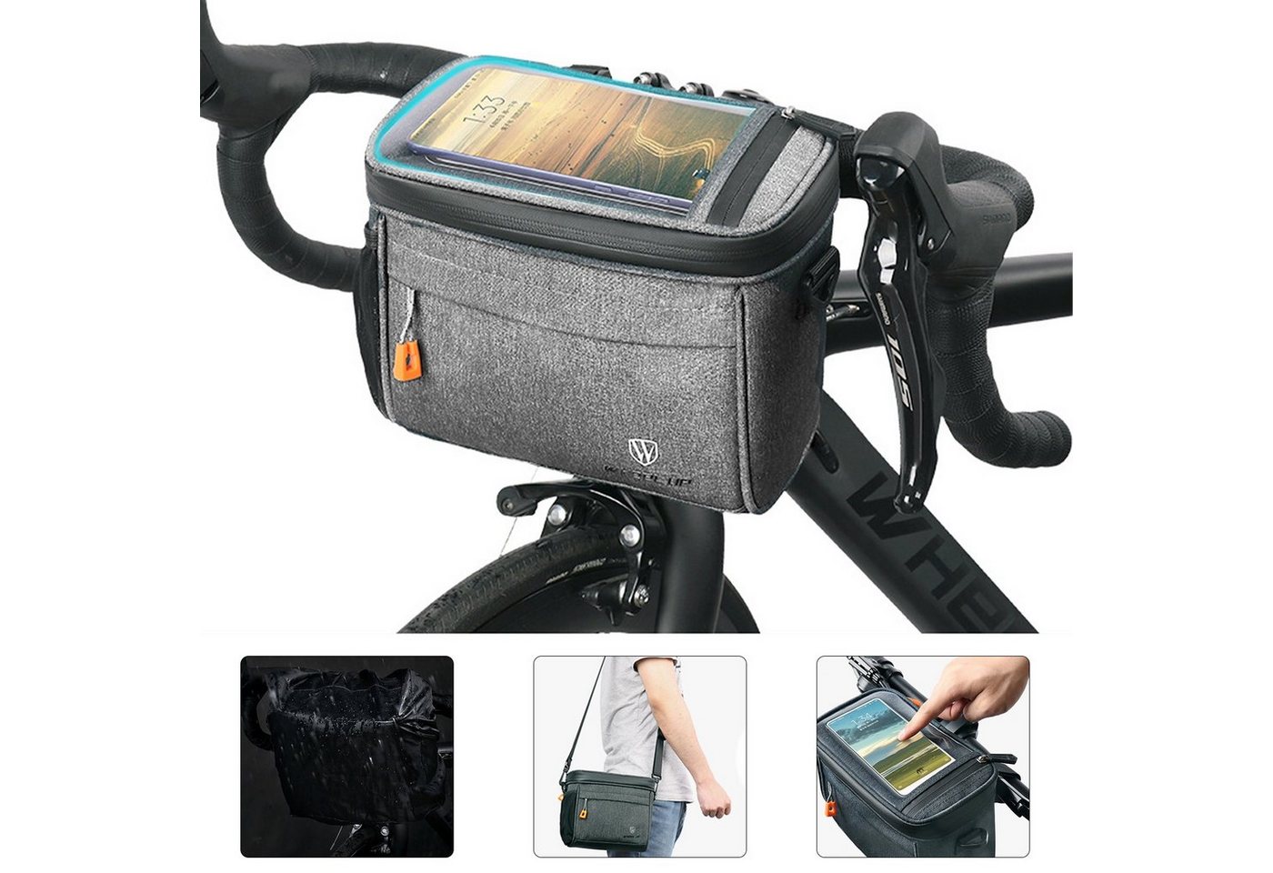 CALIYO Handy-Lenkertasche Lenkertasche Fahrrad mit lenkeradapter, 4.2L fahrradkorb vorne Tasche, mit transparenter Touchscreen und abnehmbarem Schultergurt von CALIYO