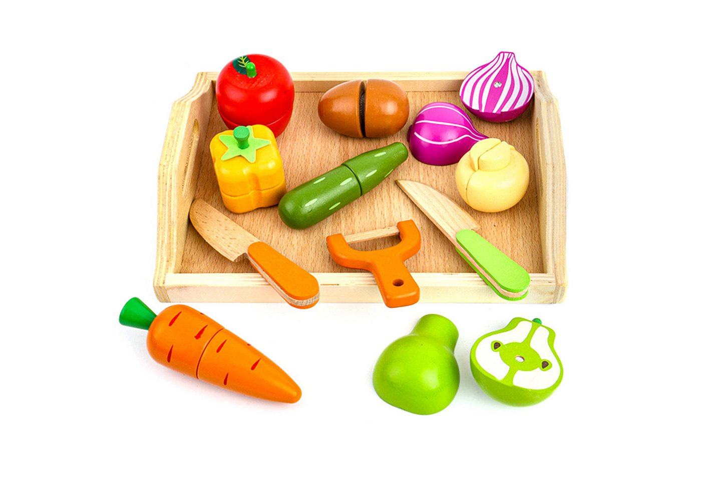 CALIYO Lernspielzeug Kinderküche Spielküche Zubehör Aus Holz Küchenspielzeug Schneiden (12-St), Obst Gemüse Holz Mit Klett Verbindung Für Kinder Lernspielzeug von CALIYO