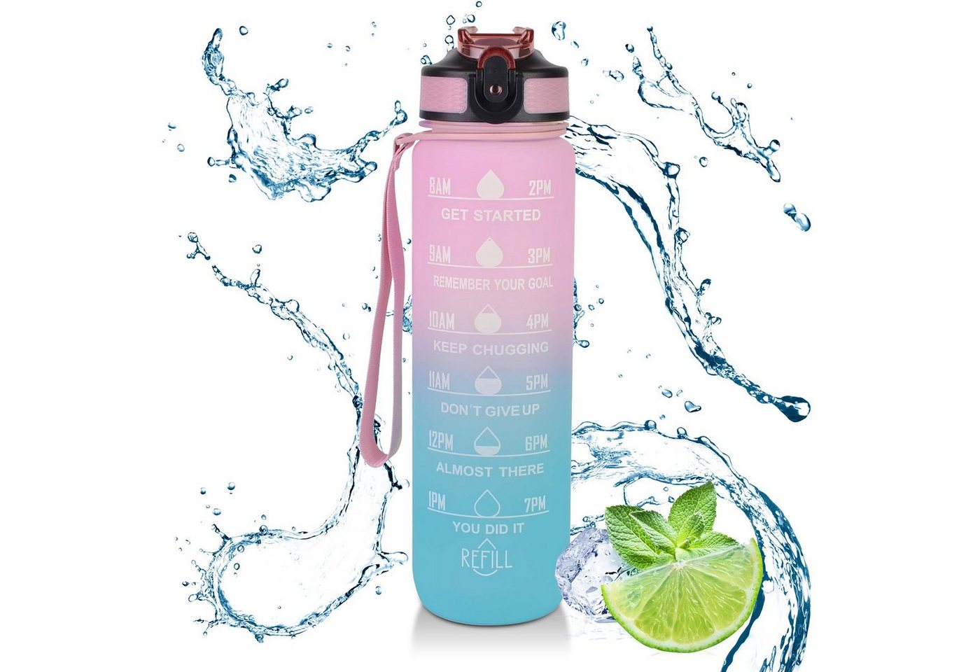 CALIYO Trinkflasche Trinkflasche BPA-Frei, 1L Auslaufsicher Sport Wasserflasche, Kostenlose Krüge mit Zeitmarkierungen Erinnerung an Die Trinkzeit von CALIYO