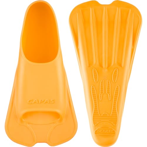 CAPAS Kurze Trainingsflossen für Schwimmen | Komfortable Silikon Schwimmflossen | Kurzflossen | Taucherflossen | Unisex Flossen für Kinder Erwachsene | Kurze Klinge Beinstärke aufbauen (Orange, M) von CAPAS