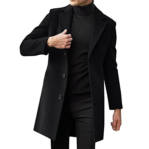 Einreihiger Mode-Trenchcoat mit schlichtem Revers für Herren, Mantel, Herren-Trenchcoat, einreihiger Langer Mantel mit Revers (Black,4XL) von CARGIS