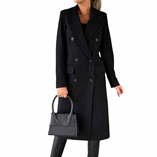 Langärmliger Wollmantel mit doppelreihigen Knöpfen, zweireihiger Langer Trenchcoat für Damen, Winddicht, mit klassischem Revers, schmaler Mantel (Black,XL) von CARGIS