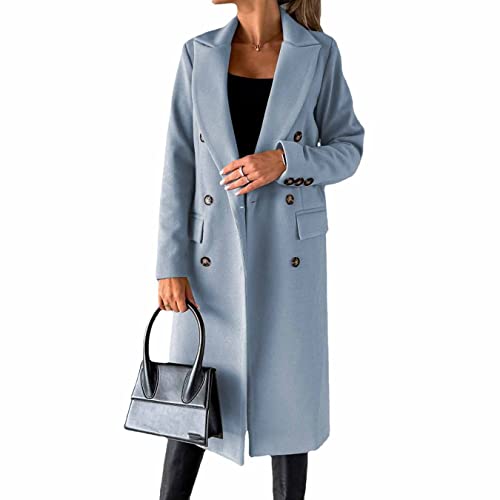 Langärmliger Wollmantel mit doppelreihigen Knöpfen, zweireihiger Langer Trenchcoat für Damen, Winddicht, mit klassischem Revers, schmaler Mantel (Blue,L) von CARGIS