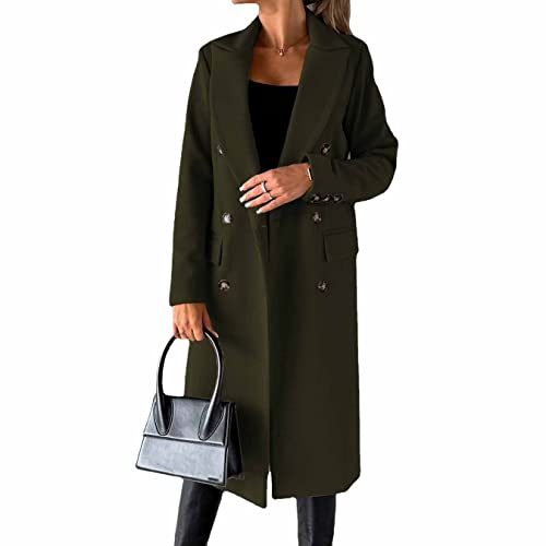 Langärmliger Wollmantel mit doppelreihigen Knöpfen, zweireihiger Langer Trenchcoat für Damen, Winddicht, mit klassischem Revers, schmaler Mantel (Green,L) von CARGIS