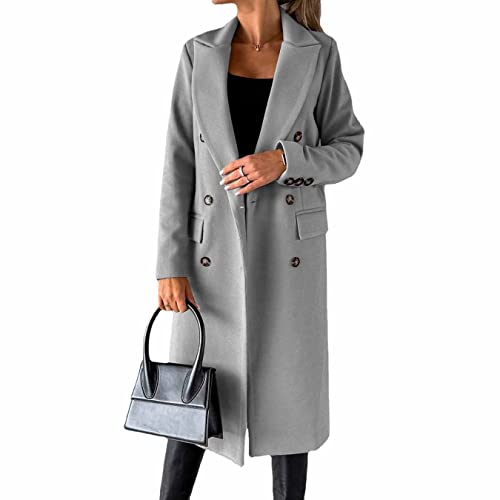 Langärmliger Wollmantel mit doppelreihigen Knöpfen, zweireihiger Langer Trenchcoat für Damen, Winddicht, mit klassischem Revers, schmaler Mantel (Grey,M) von CARGIS