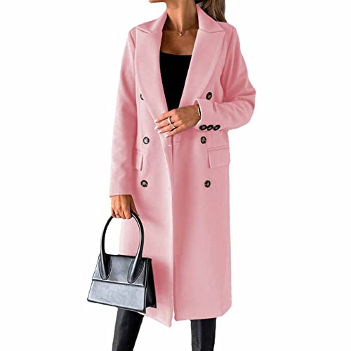 Langärmliger Wollmantel mit doppelreihigen Knöpfen, zweireihiger Langer Trenchcoat für Damen, Winddicht, mit klassischem Revers, schmaler Mantel (pink,M) von CARGIS