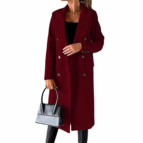 Langärmliger Wollmantel mit doppelreihigen Knöpfen, zweireihiger Langer Trenchcoat für Damen, Winddicht, mit klassischem Revers, schmaler Mantel (red,S) von CARGIS