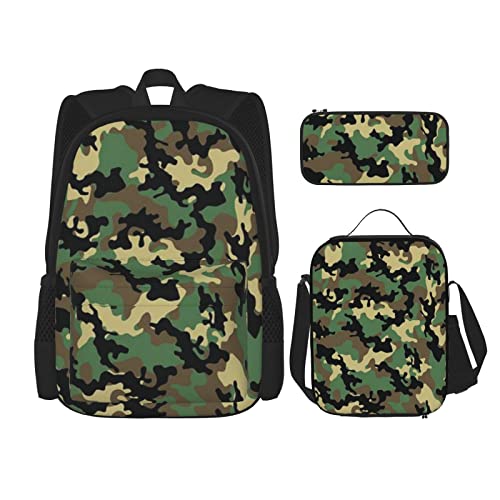 CARRDKDK Rucksack mit Leopardenmuster, 3-teiliges Set, Schultaschen, Büchertasche mit Lunchbox und Federmäppchen, Set für Jungen und Mädchen, camouflage, Einheitsgröße, Schachtel von CARRDKDK