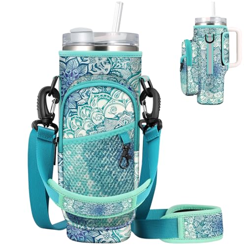 CaseBot Wasserflaschen-Tragetasche für Stanley Becher mit Griff, Neopren-Wasserflaschenhalter mit verstellbarer Schulter-Handschlaufe und 2 Taschen für Wandern, Camping, Reisen, Smaragdgrün von CASEBOT