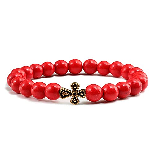 CAZARU Vintage Kreuz Naturstein Perlen Armband 8mm Rot Gelb Lava Vulkan Elastische Freundschaftsarmbänder BanglesforPerfects Geschenke， von CAZARU