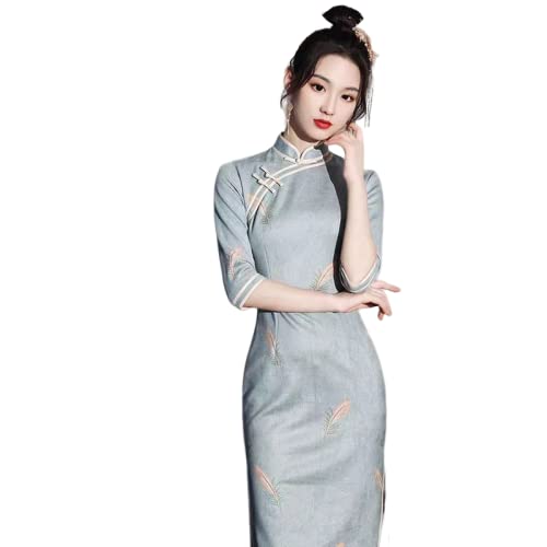 CBROOT Cheongsam Langen Ärmeln Für Damen -Elegante Schlanke Plus Größe Qipao Chinesische Traditionelle Kleidung Young Style Kleid Vintage Cheongsam S-2Xl Frühling Herbst Hochzeit Kleidung,S von CBROOT