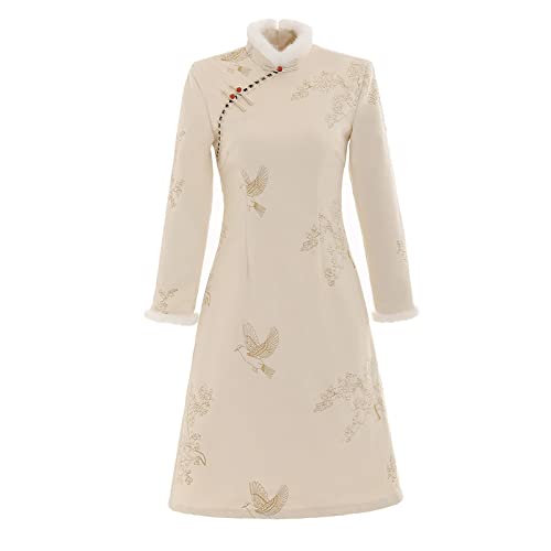 CBROOT Chinesisches Cheongsam-Kleid Für Frauen - Herbst Winter Verdickt Bestickt Langärmelig Warm Täglich Traditionellen Cheongsam Verbesserte Mittellange Qipao Kleid Frauen Kleidung,A,M von CBROOT
