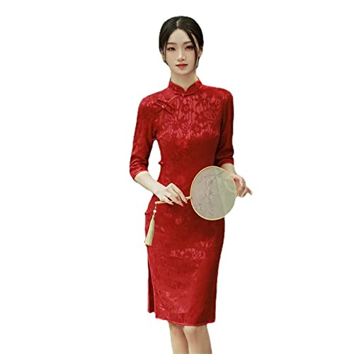 CBROOT Chinesisches Cheongsam-Kleid Für Frauen - Vintage Chinesischer Stil Langarm Cheongsam Frauen Spitze Qipao Rot Frühling Sommer Sexy Party Bankettkleid S-3Xl Plus Size Kleidung, L von CBROOT