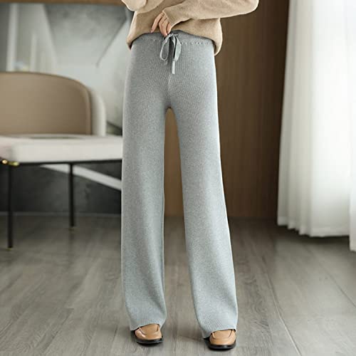 CBZOJBKPZDY Damen Kaschmirhose - Mode Herbst Gestreifte Schnürung Damen Strickhose Weites Bein Retro Hohe Taille Lose Gerade Hose Hellgrau Lässige Elegante Geschäftsparty,Hellgrau,XL von CBZOJBKPZDY