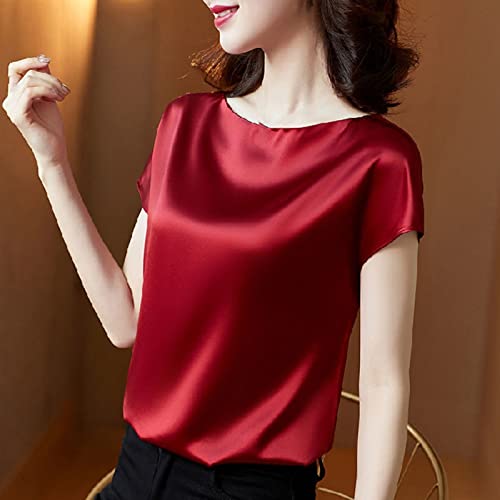 CBZOJBKPZDY Fashion Damen Seide T-Shirt - Sommer Damen Vintage Rundhals Rot Satin Top Elegant Club Party Kurzarm Lose Büro Damen Shirt,Rot,M von CBZOJBKPZDY