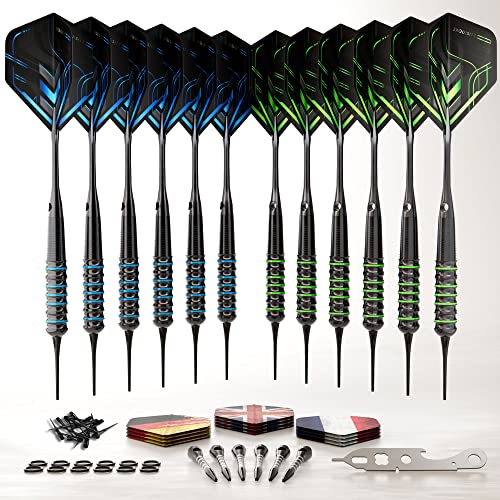 CC-Exquisite 12 X Darts Soft Tip Set – Blue & Green – Plastic Tip -18g with 24 Flights & 18 shafts + Extra Soft Tips, Dart Tool, Rubber O-Rings – Fully Customizable von CC-Exquisite