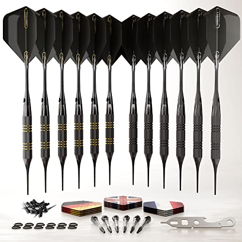 CC-Exquisite 12 X Darts Soft Tip Set – Gold & Black – Plastic Tip - 18g with 24 Flights & 18 shafts + Extra Soft Tips, Dart Tool, Rubber O-Rings – Fully Customizable von CC-Exquisite