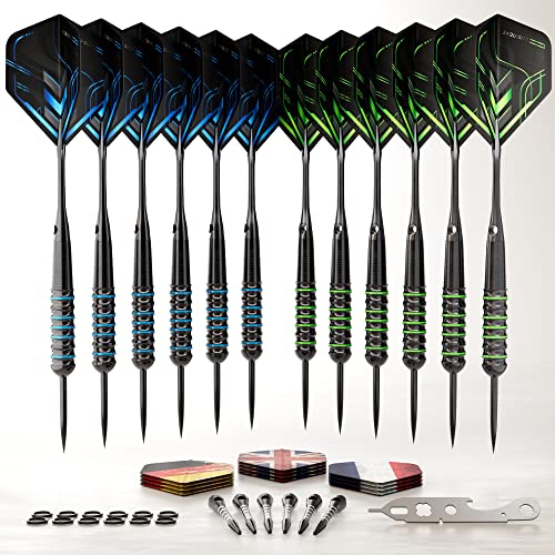 CC-Exquisite 12 X Darts Steel Tip Set – Blue & Green – 20/22g with 24 Flights & 18 shafts + Dart Tool, Rubber O-Rings – Fully Customizable… von CC-Exquisite