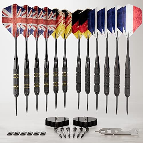 CC-Exquisite 12 X Darts Steel Tip Set – Gold & Black – 20/22g with 24 Flights & 18 shafts + Dart Tool, Rubber O-Rings – Fully Customizable von CC-Exquisite