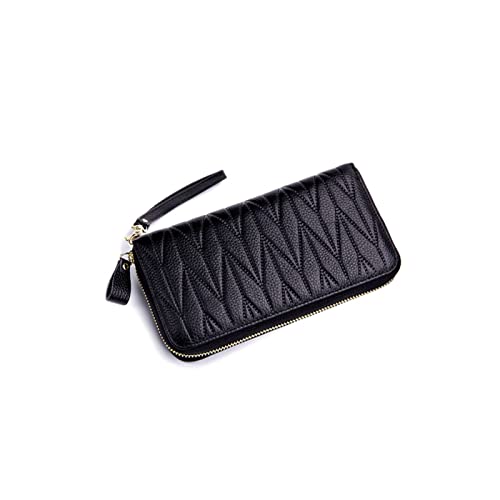 CCAFRET Damen Geldbörse Mode Echtes Leder Lange Geld Tasche Rindsleder Brieftasche mit Reißverschluss (Color : Black) von CCAFRET
