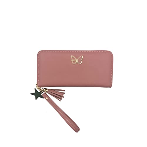 CCAFRET Damen Geldbörse Mode Geldbörsen für Frauen Schmetterling Lange Brieftasche Pu. Massivfarbe Reißverschluss Kupplungsbeutel Dame Bequemer Münzbörse (Color : Pink) von CCAFRET