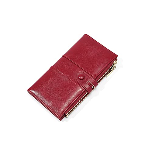CCAFRET Damen Geldbörse Ölwachs Brieftaschen für Frauen Lange Geldbörsen Große Kapazität Doppel Reißverschluss Brieftasche Kupplung Dame Geldbörse (Color : Red) von CCAFRET