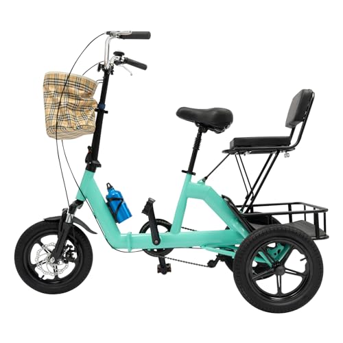 14 Zoll Erwachsenes Dreirad Faltbar Trikes Cruiser Bike, 3-Rad Einstellbar Fahrräder mit 2 Korb, Kettle&Kettle Rack, Tragfähigkeit von 160kg, für Outdoor/Shopping/Freizeit/Picknick (Cyan) von CCAUUB