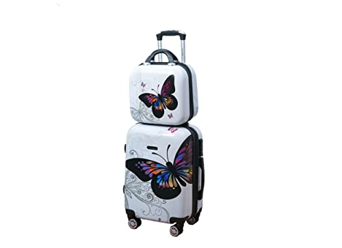 CELIMS - Koffer aus Polycarbonat – 4 Doppelrollen – TSA-Vorhängeschloss – mehr Kapazität mit Faltenbalg, weiß, Cabine et Vanity, Schmetterlings-Polycarbonat von CELIMS