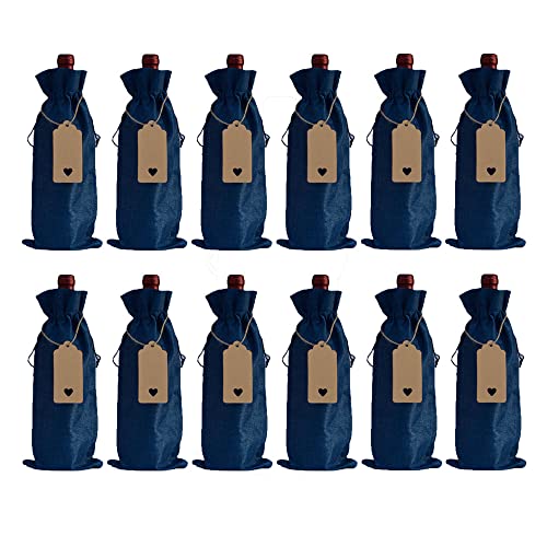 CENPEK 12 Stück Sackleinen Weinbeutel, Wiederverwendbare Weinflaschen-Geschenktüten mit Kordelzug, Tags für Geschenk, Hochzeit, Geburtstag, Weihnachtsfeier (Blau) von CENPEK