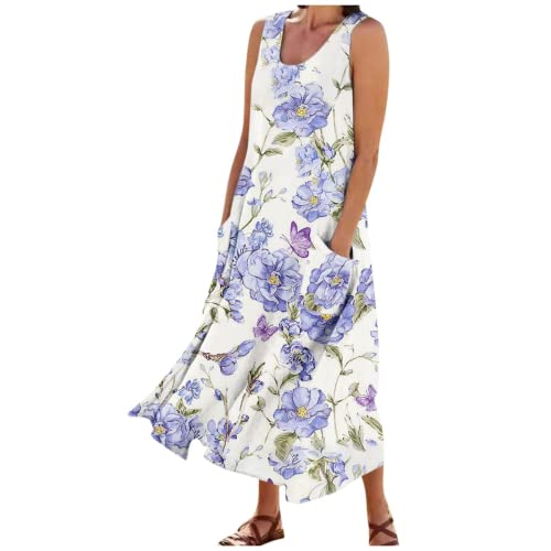 CENUHE 2023 Damen Baumwolle Leinen Kleid Kurzarm Rundhalsausschnitt Taschenkleid, ärmellos locker mit Taschen (X-Large,A-1) von CENUHE