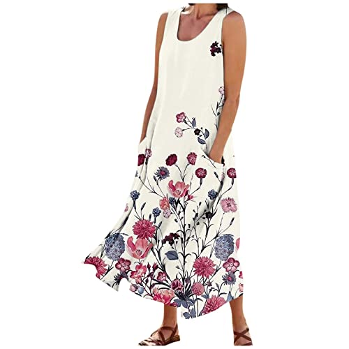 CENUHE 2023 Damen Baumwolle Leinen Kleid Kurzarm Rundhalsausschnitt Taschenkleid, ärmellos locker mit Taschen (XX-Large,A-8) von CENUHE