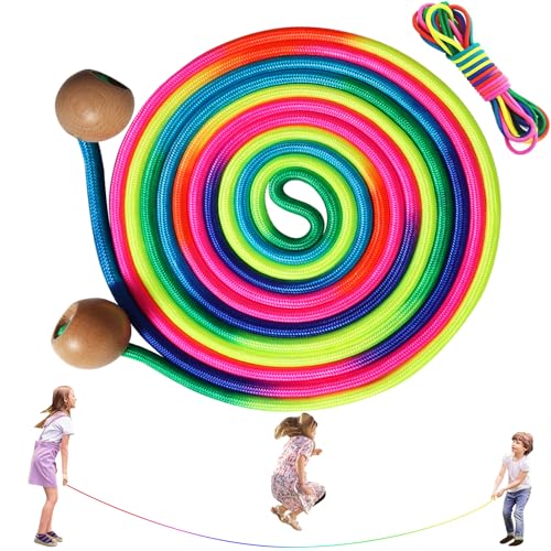 Springseil für Mehrspieler, 5M Langes Springseil & 5M Gummitwist, Seilspringen Kinder Verstellbarer Hölzerne Kugelgriff für Outdoor-Spaß, Schulsport, Partyspiel (Regenbogenfarben) von CESHMD
