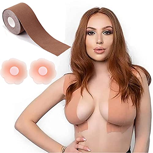 Boob Tape - Breast Lift Tape,Invisible Chest Strap,DIY Cropable Sculpt Push Up Boob Tape,Waterproof and Sweat-Proof Bra Tape for A-E Cup Large Breast with 6 Pairs Silicone Nipple Covers,Deep Skin Col von CFADAI