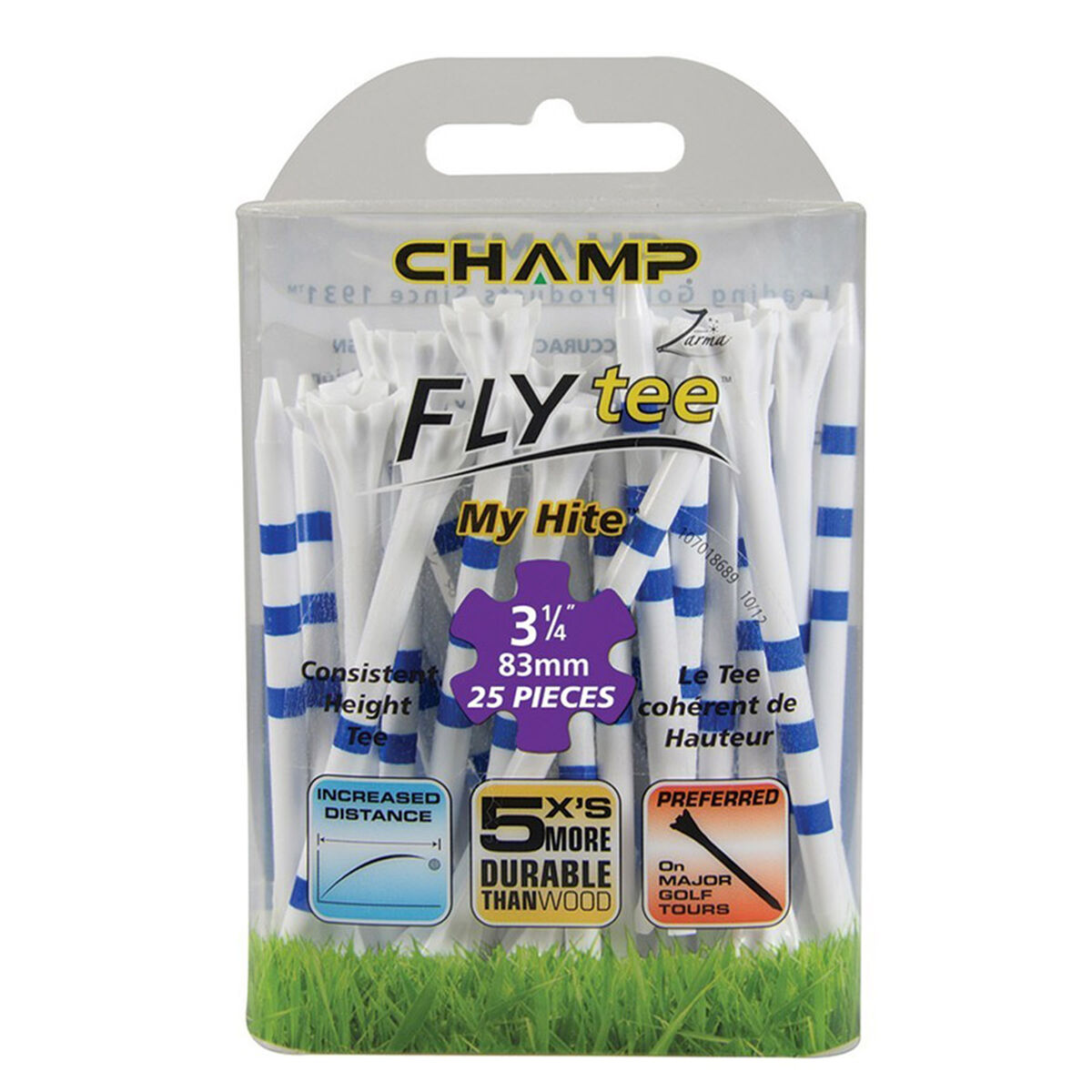 Champ White and Blue Stripe MyHite Fly Pack of 25 Golf Tees, Size: 83mm | American Golf von CHAMP