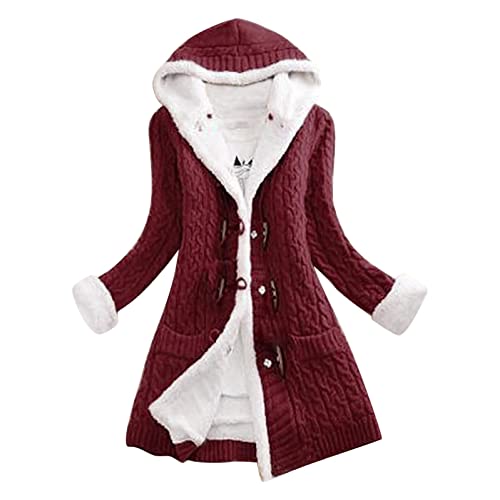 CHENGY Strickjacke Damen Cardigan Grobstrick mit Kapuze Zopfmuster gefüttert grau Outwear Langarm für Herbst Winter Gestrickt Winterjacke warm von CHENGY