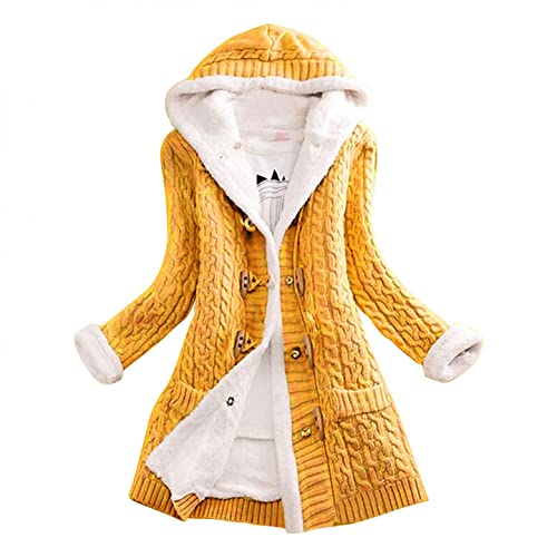 CHENGY Strickjacke Damen Cardigan Grobstrick mit Kapuze Zopfmuster gefüttert grau Outwear Langarm für Herbst Winter Gestrickt Winterjacke warm von CHENGY