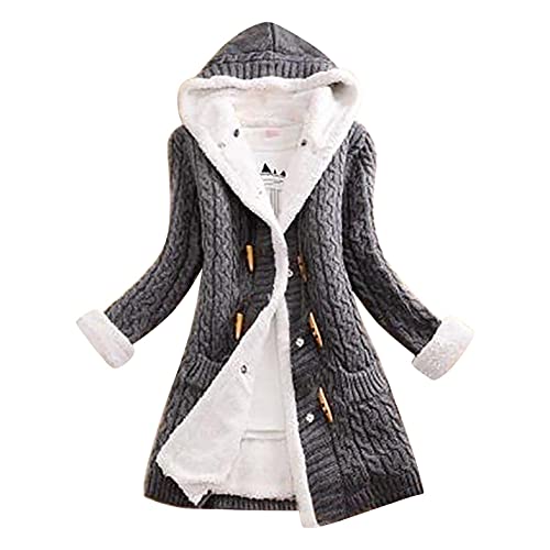 CHENGY Strickjacke Damen Cardigan Grobstrick mit Kapuze Zopfmuster gefüttert grau Outwear Langarm für Herbst Winter Gestrickt Winterjacke warm von CHENGY