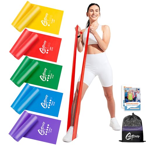 CHETING 5er Fitnessbänder Set, 1.8M Gymnastikband 5 Widerstandsstufen, Trainingsband Fitnessband mit Tragetasche & Übungsanleitung, Gymnastikbänder Elastisch ideal für Yoga, Pilates, Physiotherapie von CHETING