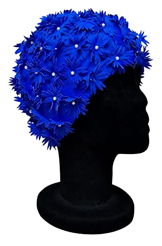 CHEX Daisy Damen-Badekappe, elastisch, verziert mit Rüschen, Blumen, besetzt mit Perlen-Effekt, Perlen, Einheitsgröße, für Erwachsene, Blau von CHEX