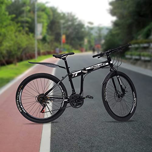 26 Zoll Foldable Mountain Bike Schwarz und Weiß Adult Mountainbike MTB Carbon Steel Frame mit den Einstellbaren Schaltwippen Max.130KG von CHFUNE
