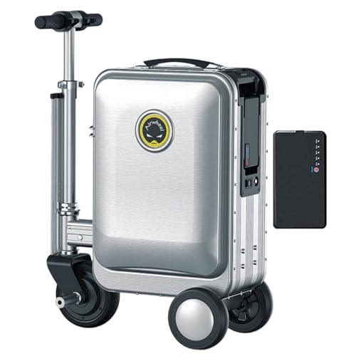 CHHMAELOVE 20-Zoll-Smart-Reitkoffer mit Akku, elektrisches Gepäck für Erwachsene für unterwegs, 73,26 Wh Abnehmbarer Akku/USB-Anschluss/Smart App/3-Gang-Einstellung, Tragfähigkeit 110 kg,Silver von CHHMAELOVE