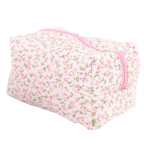 CHICIRIS Florale Weiche und Lang Anhaltende Gestepte Make -up -Tasche für Frauen, Exquisites Muster, Reißverschluss, Leichter und Tragbarer Reiserotzig Organizer mit Multi Funktionalem Design, (PINK) von CHICIRIS