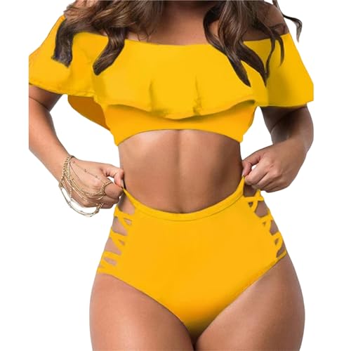 CHJING Badeanzug Damen Badeanzug Frauen Gekräuseltes One-Shoulder-Bikini Enge, Feste Farbgepäck-Gelb-L von CHJING