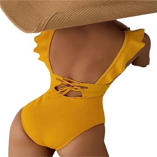 CHJING Badeanzug Damen EIN Stück Badeanzug Frauen Rüschen Badebekleidung Weiblicher Sommer Strandkleidung-Gelb-M von CHJING