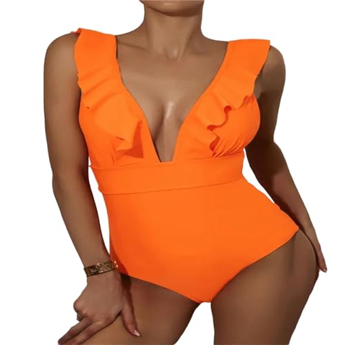 CHJING Badeanzug Damen EIN Stück Badeanzug Frauen Rüschen Badebekleidung Weiblicher Sommer Strandkleidung-Orange-L von CHJING