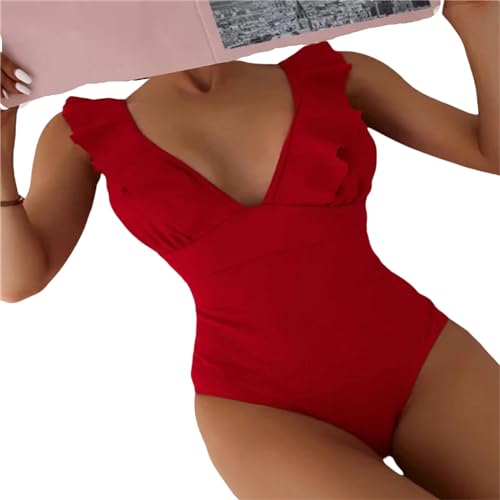 CHJING Badeanzug Damen EIN Stück Badeanzug Frauen Rüschen Badebekleidung Weiblicher Sommer Strandkleidung-Rot-L von CHJING